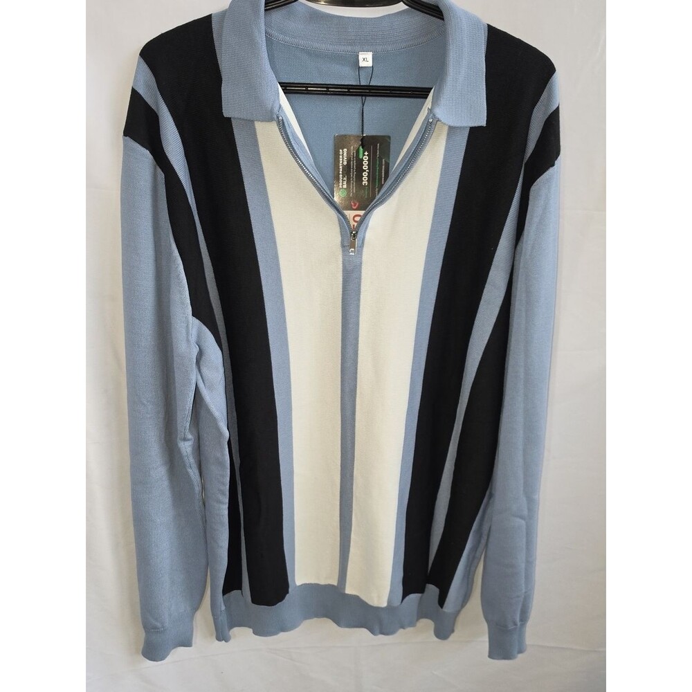 Retro 1/4 Zip Knit Polo Sweater Vertical Colorblock Stripe Blue Mens XL NWT